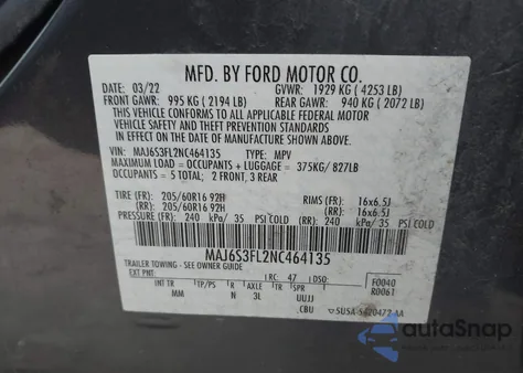 2022 Ford Ecosport S z USA, uszkodzony, nr VIN MAJ6S3FL2NC464135